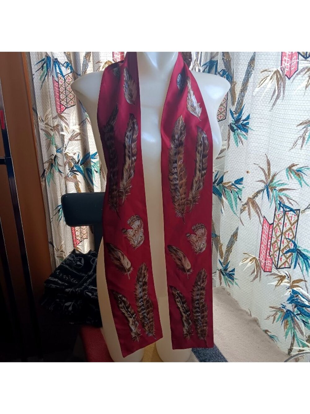 Vintage 64" Long Thin Silky Red Feather Scarf 4" wide 80s